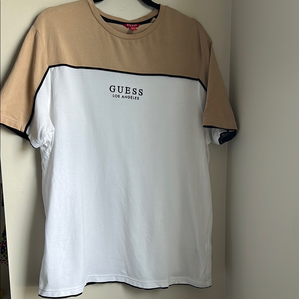Guess Tan and White Short Sleeve Tee